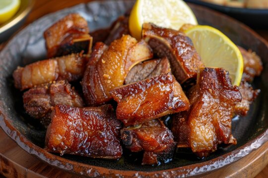 Fried pork belly and chicharron with lemon