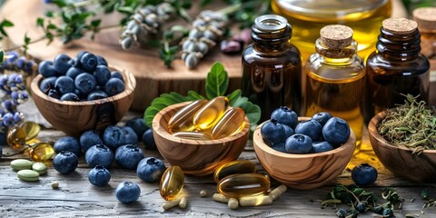 Assorted natural supplements ingredients on wooden table with oils, herbs, and blueberries. Concept Natural Supplements, Ingredients, Wooden Table, Oils, Herbs, Blueberries