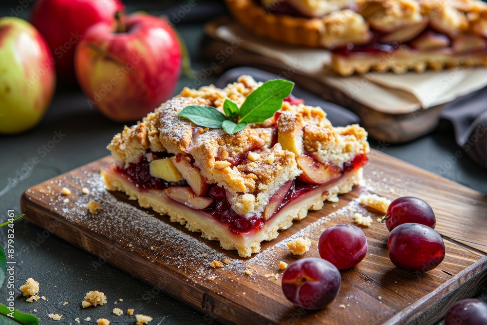 Poster fruit dessert on wooden board with streusel topping