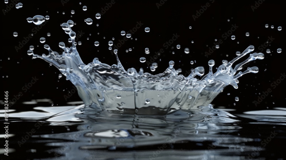 Poster droplet splash captured in a high-speed photograph. dark background emphasizes dynamic water movemen