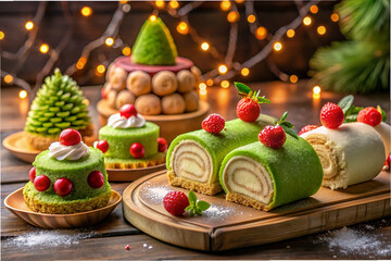 A table with a variety of desserts, including a green roll cake and a red and white cake