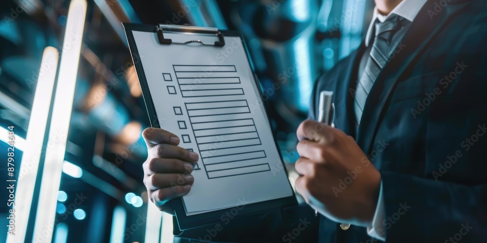 Poster professional analyzing data using a clipboard amidst a futuristic interface with glowing digital ele