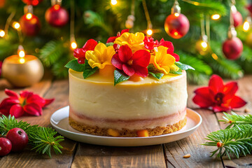 A cake with flowers on top of it is placed on a wooden table. The cake is decorated with yellow and red flowers, and it is surrounded by red and green foliage. Scene is festive and celebratory