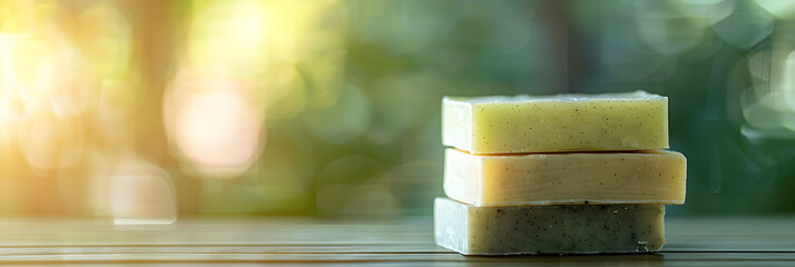Stack of bars of soap, natural handmade soap close-up with bokeh background, banner for use on soap manufacturers website