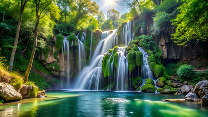 Natural background waterfall. travel nature. Travel relax waterfall. In the summer