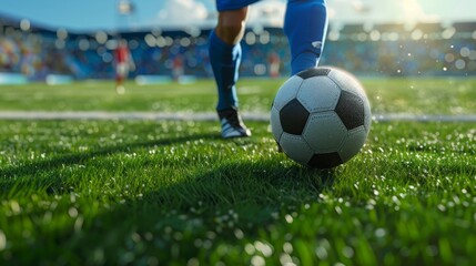 Obraz premium Professional soccer player in blue jersey kicking the ball during a match on a sunny day