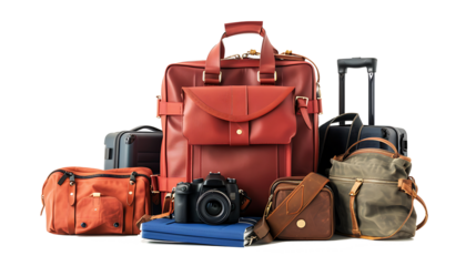 PNG of travel essentials including a passport, camera, and luggage, isolated on a white background