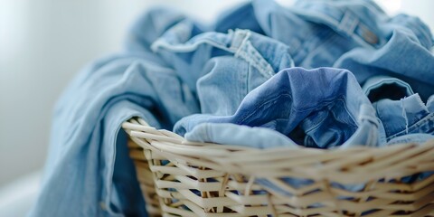 Washing denim clothes efficiently in a full basket with warm water in an apartment. Concept Laundry efficiency, Denim care, Apartment living, Water temperature, Clothing maintenance