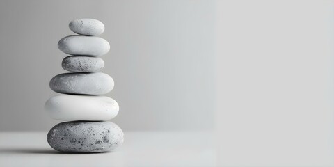 Obraz premium Tranquil and Balanced Minimalistic Stone Zen Composition on Gray-White Background. Concept Zen Photography, Minimalistic Composition, Serene Style, Balanced Elements, Monochromatic Palette,