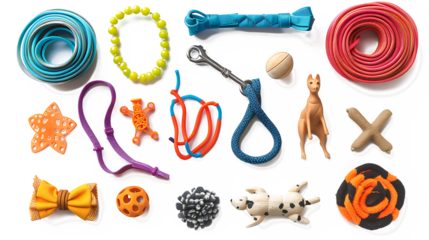 PNG of pet accessories like collars, leashes, and toys, isolated on a white background