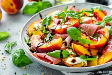 Gourmet salad with grilled peach mozzarella prosciutto basil olive oil balsamic on white stone plate
