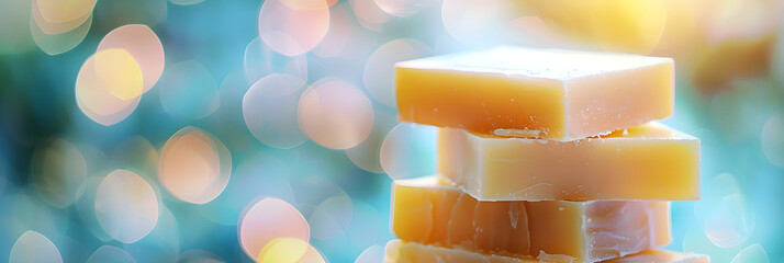 Stack of bars of soap, natural handmade soap close-up with bokeh background, banner for use on soap manufacturers website