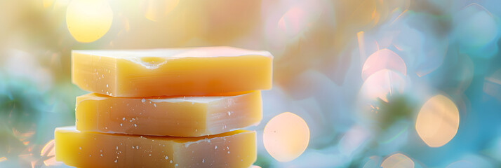 Stack of bars of soap, natural handmade soap close-up with bokeh background, banner for use on soap manufacturers website
