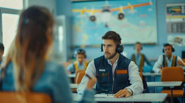 A man wearing headphones in an airplane classroom attentively listening to the instructor's lecture