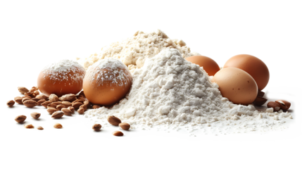  PNG of common baking ingredients such as flour, eggs, and sugar, isolated on a white background