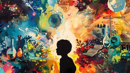 The silhouette of a child looks through a keyhole into a lively world filled with scientific instruments, books, and nature scenes.