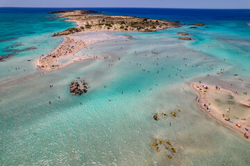 Aerial view of the famous  Elafonisi beach with the turquoise waters and  the pink sand ,in chania, Crete, Greece.