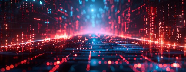 Abstract Digital background, glowing particles and lines symbolizing data transfer in cyberspace, ideal for tech, AI, and graphics themes.