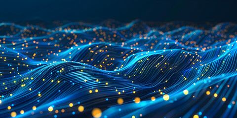 High tech blue web background close up with many yellow dots and lines, technology and innovation, conceptual network connection