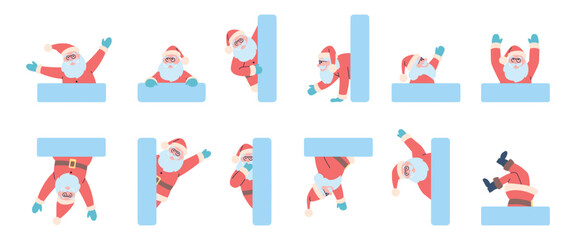 Santa claus peeping. Christmas character peeking behind window sill or wall. Cute santa looking watching pointing congratulated, recent vector stickers