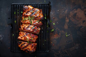 Grilled pork loin on bone black metal background top view with space for text