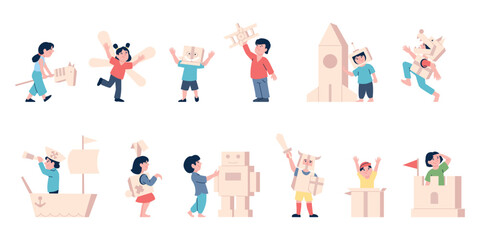 Kids in cardboard costumes. Children play with boxes, building spaceship, pirate ship and castle tower. Kid imagination recent vector scenes