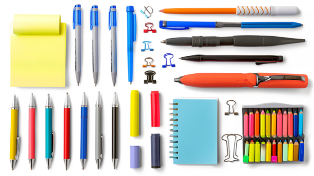 PNG of various office supplies like pens, paperclips, and sticky notes, isolated on a white background