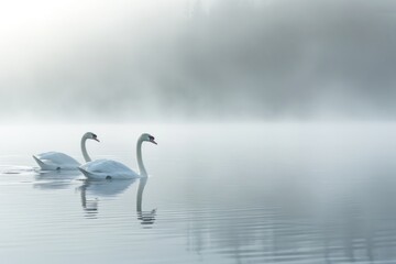 Two swans are swimming in a lake