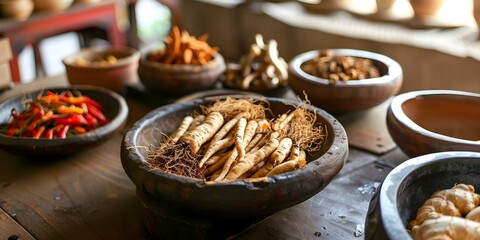 Unlock the ancient herbal wisdom of ginseng, rhodiola, reishi, and cordyceps remedies. Concept Herbal Remedies, Ginseng, Rhodiola, Reishi, Cordyceps