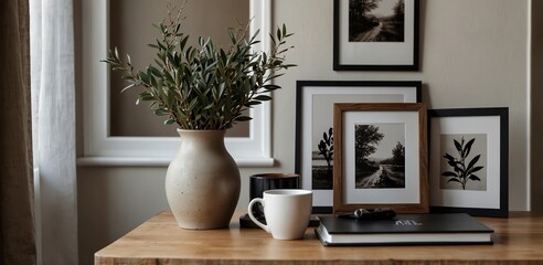 Fototapeta premium Breakfast still life. Cup of coffee, books and empty frame mockup on wooden desk, table. Vase with olive branches. Elegant working space, home office concept. Scandinavian interior design
