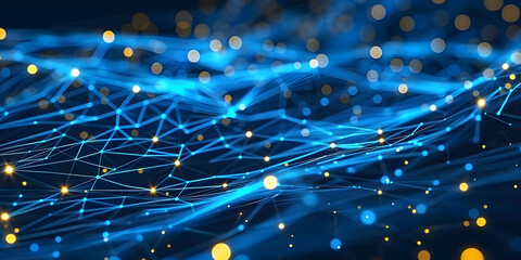 Background blue spider web closeup with many dots and lines, technology and innovation	
