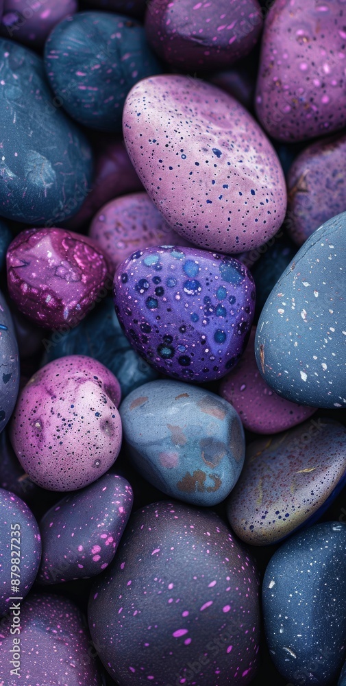 Poster vibrant purple and blue pebbles with speckled patterns creating a mesmerizing abstract background