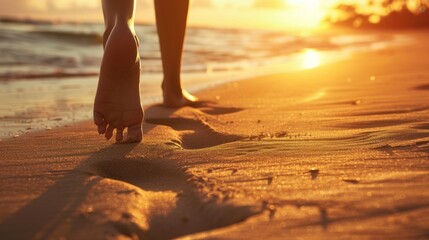 Barefoot Walk on a Golden Beach at Sunset