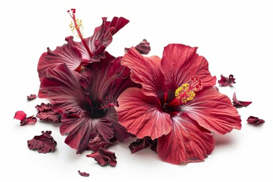 Hibiscus flowers fresh and dried on white background
