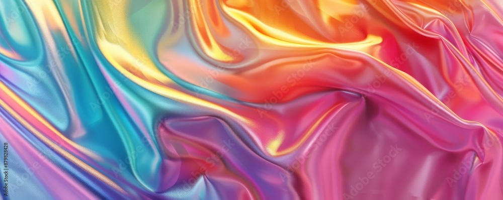 Poster rainbow colored silk fabric with soft folds and elegant draping, creating a vibrant and luxurious te