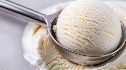 Delicious gourmet ice cream scoop, close-up shot with a creamy, smooth texture, enhanced with hyper realistic and cinematic photography, focus cover all object