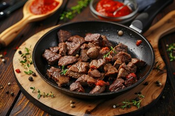 High quality photo of fried liver on a wooden background with tomato sauce