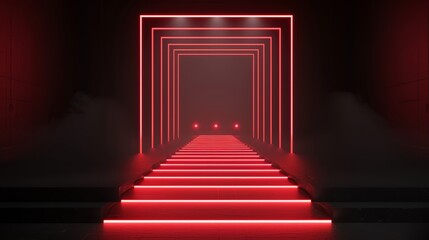 Fashion show runway with red lights on a black background, long podium perspective, neon lamps glowing in smoke, vector realistic illustration, focus cover all object