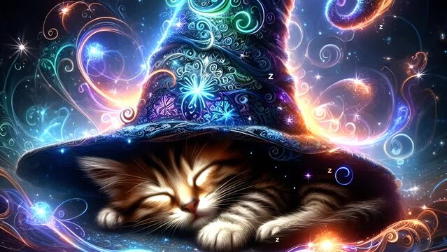 6 seconds of lifelike illustration of cute kitten sleeping under wizard hat fantasy slumber napping with Zs flying out hd video 1920 1080