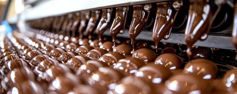Poster chocolate factory production line, showing rows of chocolates being processed by machinery.