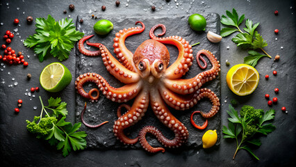 Fototapeta premium Fresh octopus on black stone background 