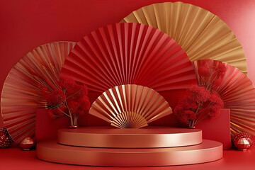 chinese new year red podium display mockup on red abstract background with red hand paper fan stage for product minimal presentation 3d rendering