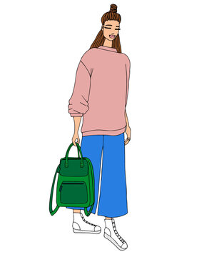 jeune femme &eacute;tudiante sac &agrave; dos rentr&eacute;e tendance style moderne cheveux longs vecteur
