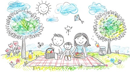 Fototapeta premium Draw a family having picnic in the park, doodle style