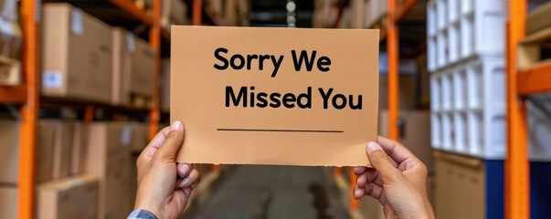 Sorry We Missed You Sign in Warehouse.