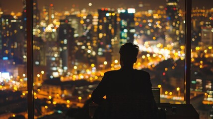 Fototapeta premium Silhouette of a Person Gazing at Night City Lights