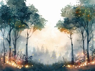Magical forest scene with glowing lights, perfect for fantasy or fairytale themes.