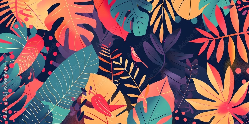 Poster a colorful background of leaves and flowers with a bird in the middle. the bird is small and is perc