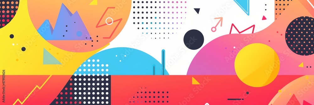 Poster a colorful abstract background with a yellow circle in the middle. the background is full of shapes 