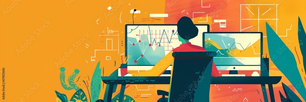 Poster a woman is sitting at a desk with two computer monitors in front of her. she is working on a project